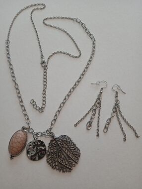 #1184. Silver Toned, Semi Precious Stone,  Charm Necklace And Earring Set